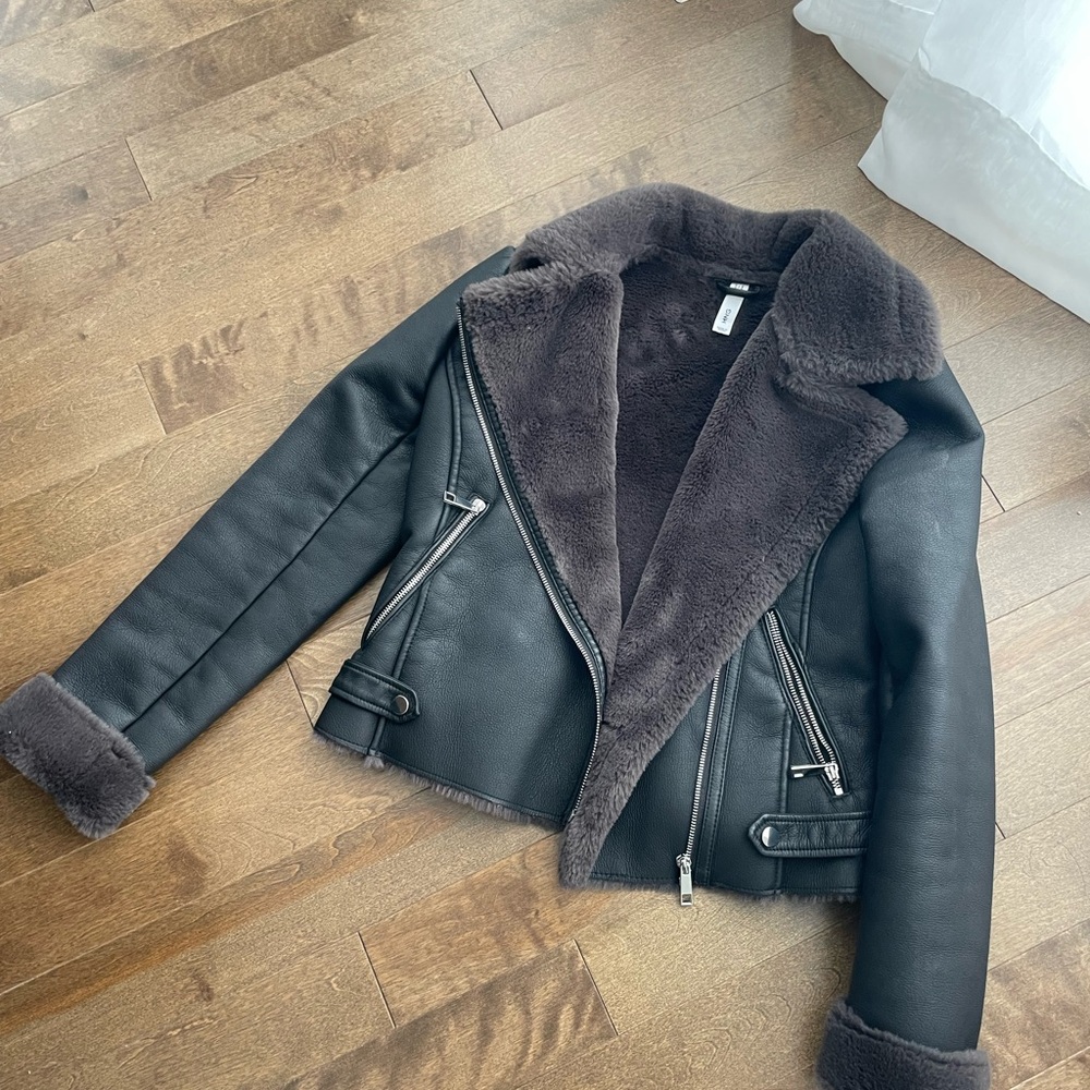 Mango Black Leather Jacket with Plush Lining